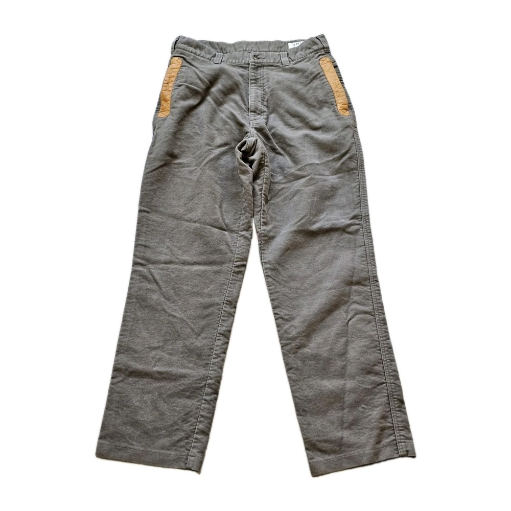 Vintage Orvis Mens Sueded Pants Khaki 34W x 30L Green Moss Leather Trim